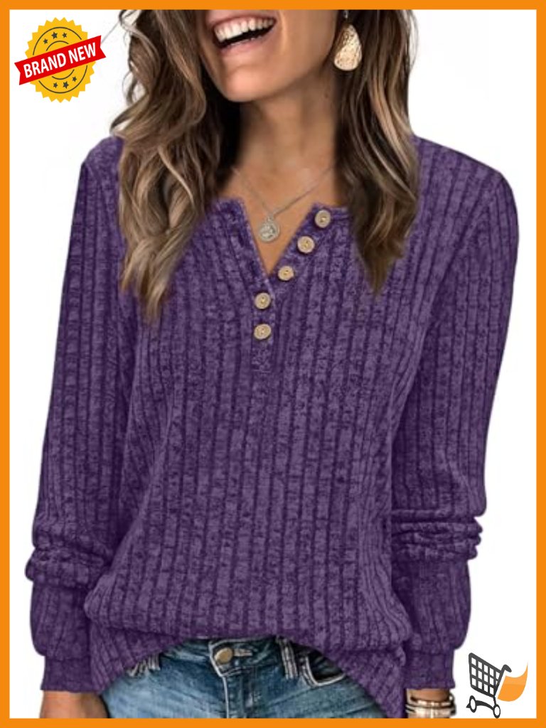Long Sleeve Button Front Tunic Sweater Lightweight Crew Neck Henley